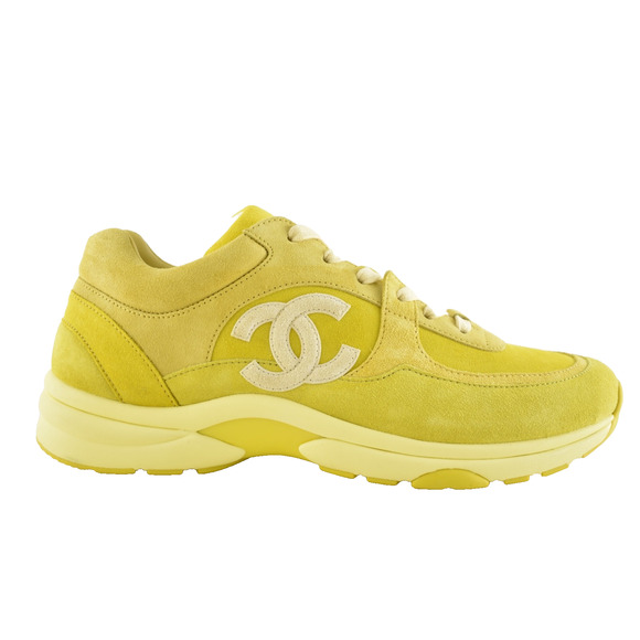 Chanel 19S Mens Yellow White Suede CC Logo Low Top Runner Trainer Sneaker 44 11 - Picture 1 of 12